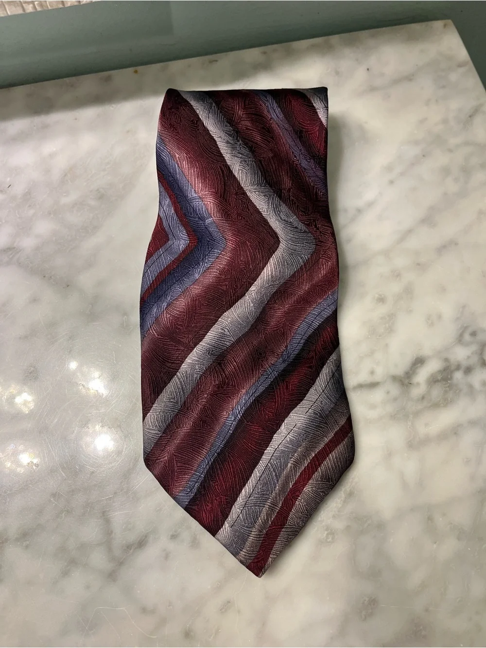 J. Garcia Burgundy, Navy and Silver Chevron Silk Tie